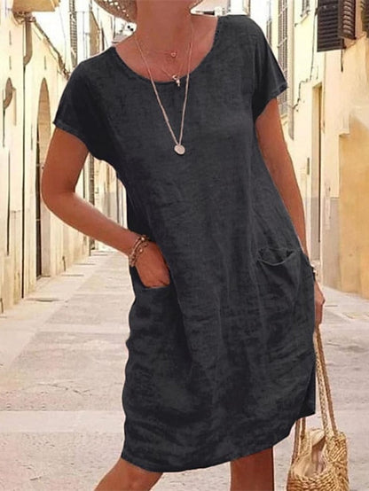 Womenâ€˜s Shift Dress Knee Length Dress Short Sleeve Pure Color Pocket Spring Summer Crew Neck Basic Casual Classic Loose 2023 S M L XL 2XL 3XL 4XL 5XL / Cotton - LuckyFash™