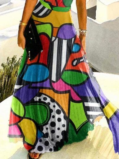 Abstract Pattern Printed Pleated Halterneck Dress - LuckyFash™