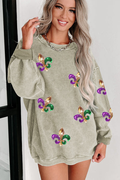 Green Glitter Mardi Gras Symbol Corded Baggy Sweatshirt