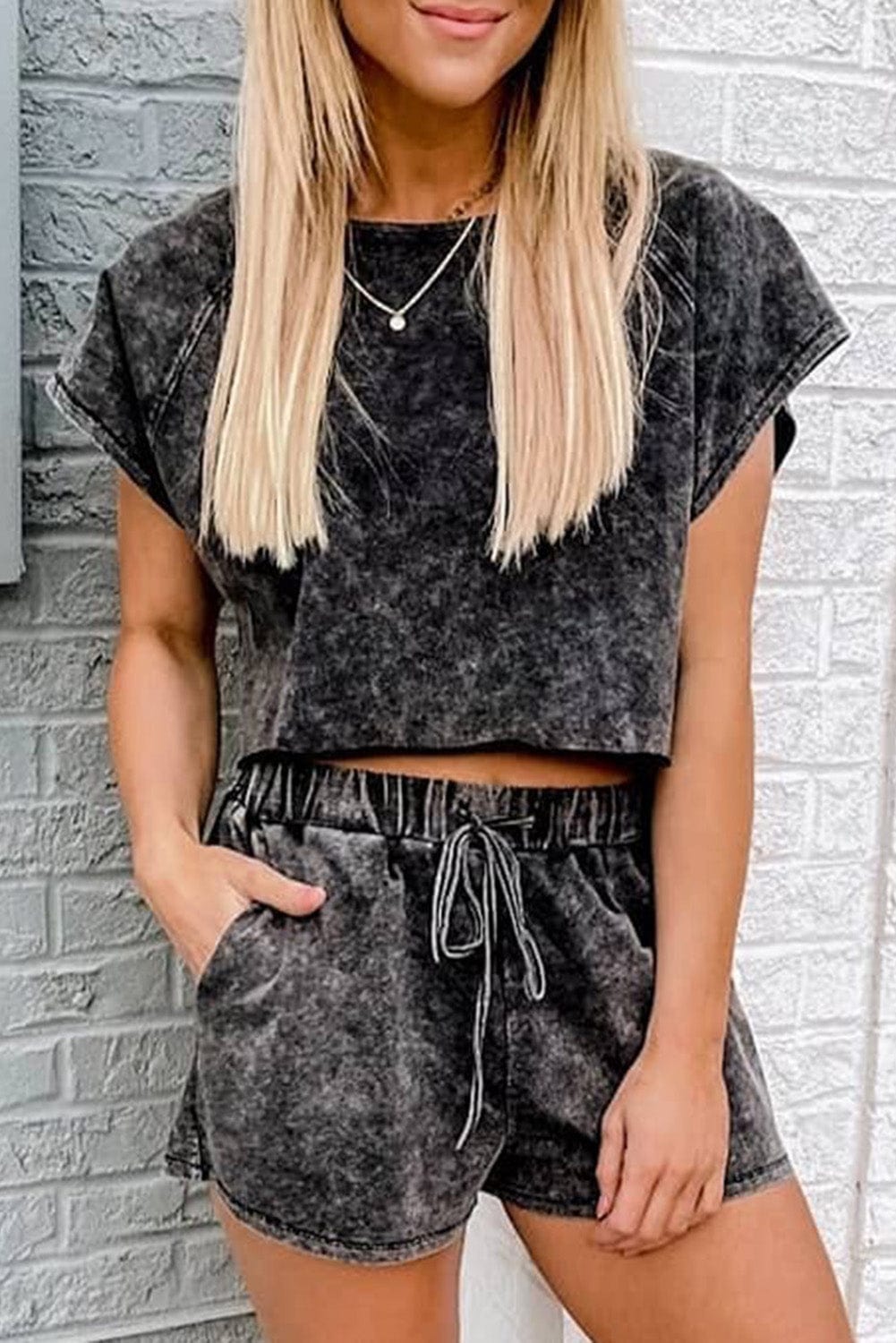 Acid Washed Black Lounge Ensemble with Shorts