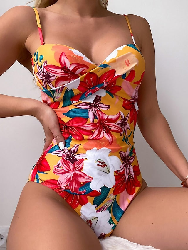 Women's Swimwear One Piece Monokini Normal Swimsuit Tummy Control Floral Print Yellow Padded Strap Bathing Suits Sports Vacation Sexy - LuckyFash™