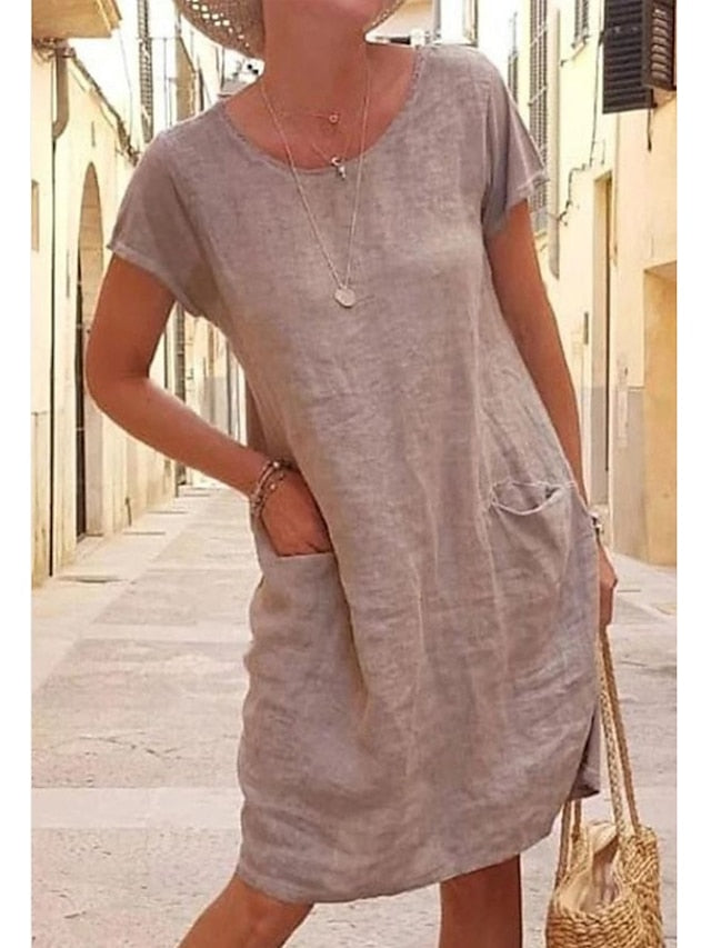 Womenâ€˜s Shift Dress Knee Length Dress Short Sleeve Pure Color Pocket Spring Summer Crew Neck Basic Casual Classic Loose 2023 S M L XL 2XL 3XL 4XL 5XL / Cotton - LuckyFash™