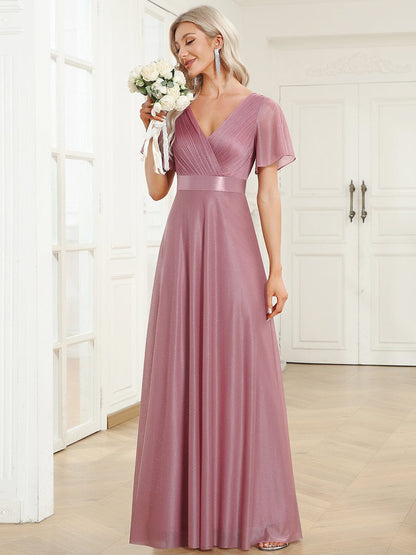 Adorable Plunging V-Neck Ribbon Belt Evening Gown