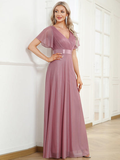 Adorable Plunging V-Neck Ribbon Belt Evening Gown