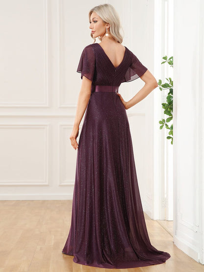 Adorable Plunging V-Neck Ribbon Belt Evening Gown