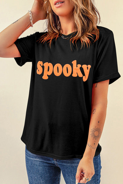 Black Halloween Spooky Crew Neck Casual T-Shirts