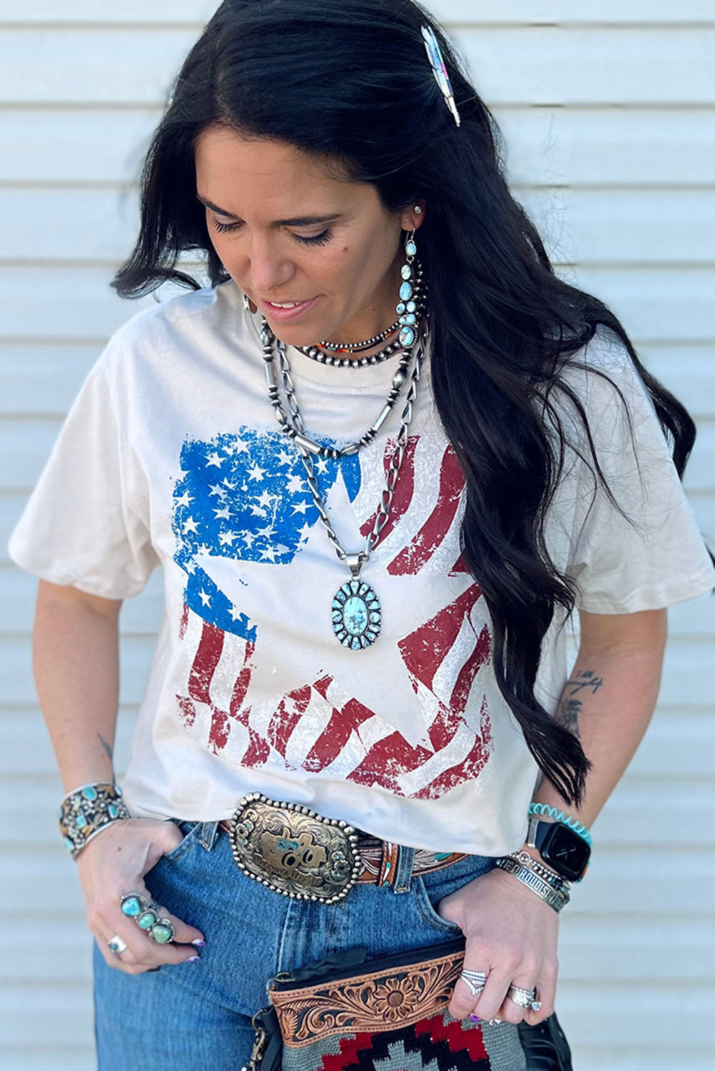 White American Flag Star Graphic Crew Neck T Shirt