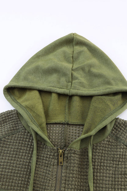 Green Waffle Patchwork Vintage Washed Hooded Jacket