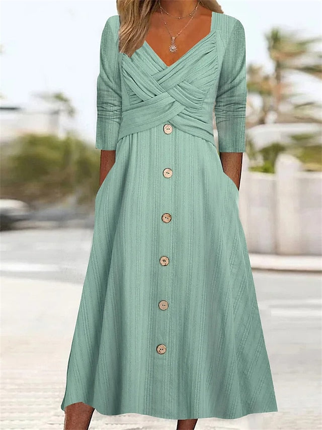 Women's Casual Dress Summer Dress Pleated Dress Plain Ruched Button V Neck Midi Dress Fashion Mature Outdoor Street Half Sleeve Loose Fit White Purple Green Summer Spring S M L XL XXL - LuckyFash™