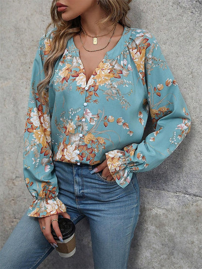 Women's Shirt Blouse Floral Blue Print Button Long Sleeve Casual Holiday Fashion V Neck Regular Fit Spring &  Fall