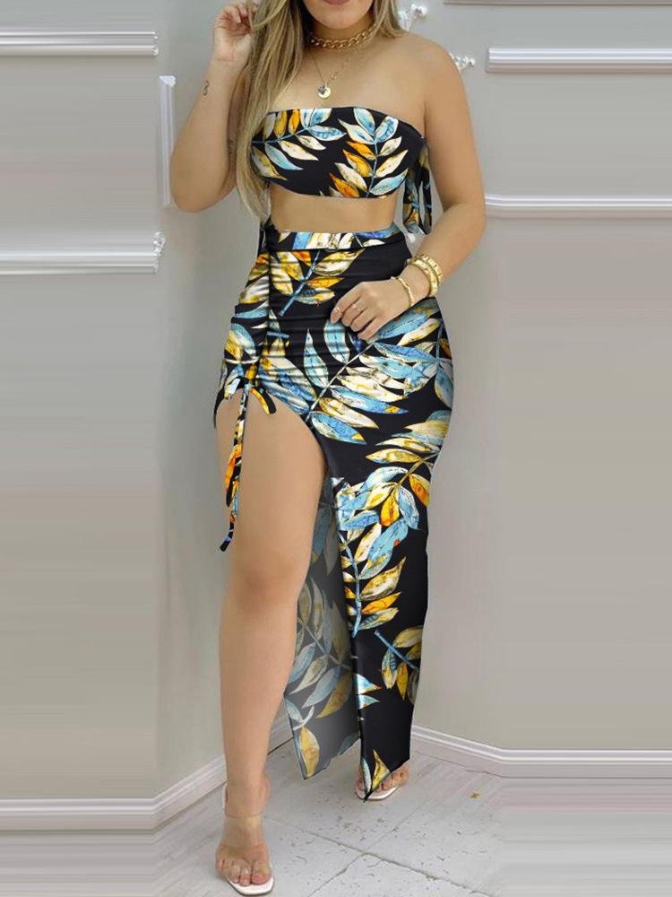 All Over Print Bandeau Crop Top & Drawstring High Slit Skirt Sets for Women