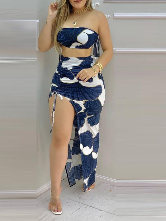 All Over Print Bandeau Crop Top & Drawstring High Slit Skirt Sets for Women