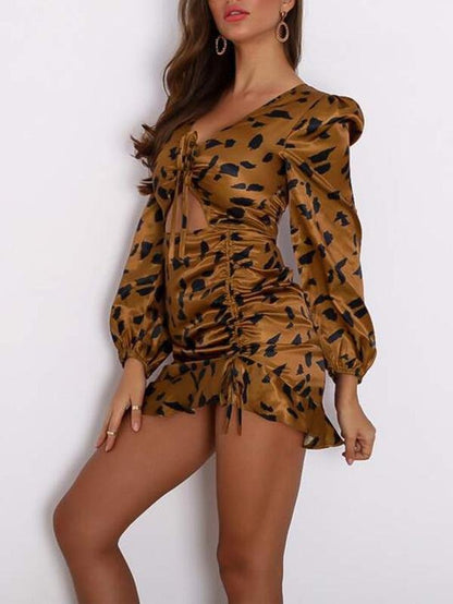 All Over Print Ruffle Hem Drawstring Peekaboo Dress - LuckyFash™