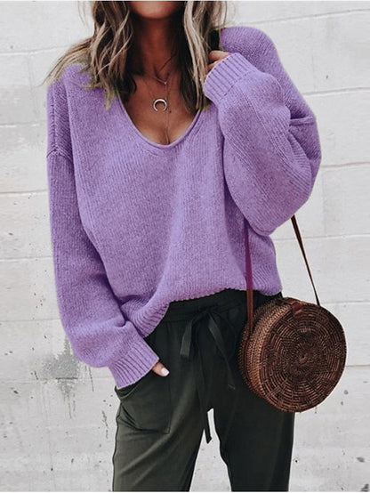 Women's Pullover Sweater Jumper Knitted Solid Color Stylish Basic Casual Long Sleeve Regular Fit Sweater Cardigans V Neck Fall Winter Purple Yellow Gray / Holiday - LuckyFash™
