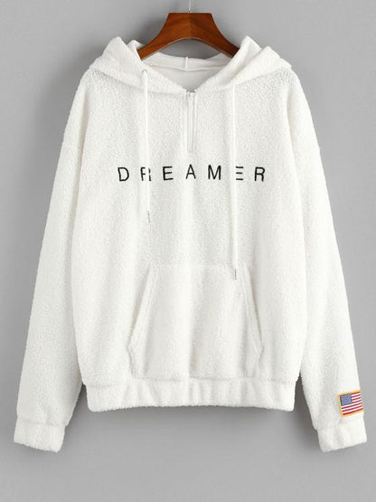 American Flag Dreamer Embroidered Quarter Zip Teddy Hoodie for Women