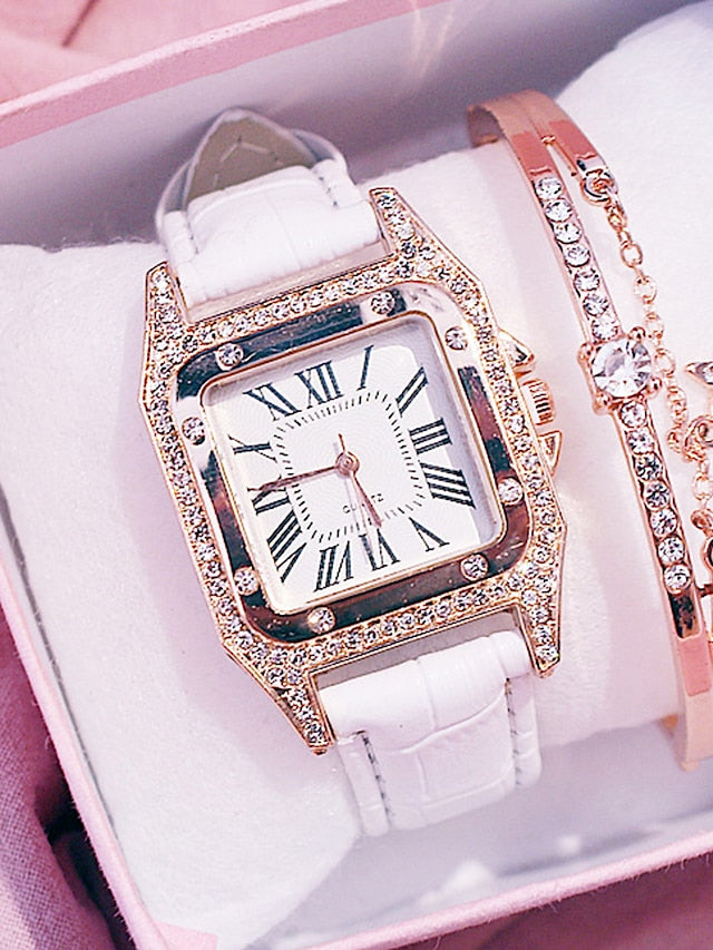 Women's Quartz Watches For Women Analog Diamond Watch Starry Square Dial Bracelet Set Ladies Leather Band Wristwatch