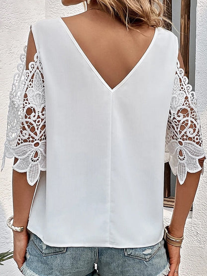 Women's Blouse White Pink Blue Plain Lace Cut Out Half Sleeve Daily Weekend Basic V Neck Regular S - LuckyFash™