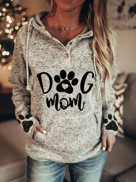 Animal Paw Print Pullover Button Hoodie - Gray - Women's Casual/Fashion Style
