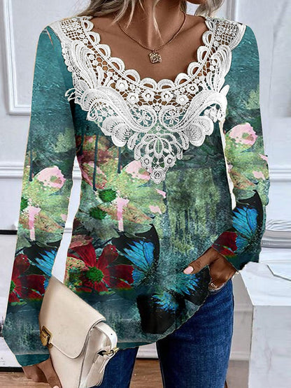 Women's Shirt Blouse Graphic Floral Pink Brown Green Print Lace Patchwork Long Sleeve Casual Fashion Round Neck Regular Fit Spring &  Fall