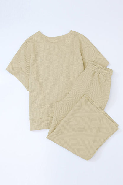 Apricot Ribbed Casual Two-Piece Set with Loose-Fit Tee and Drawstring Pants