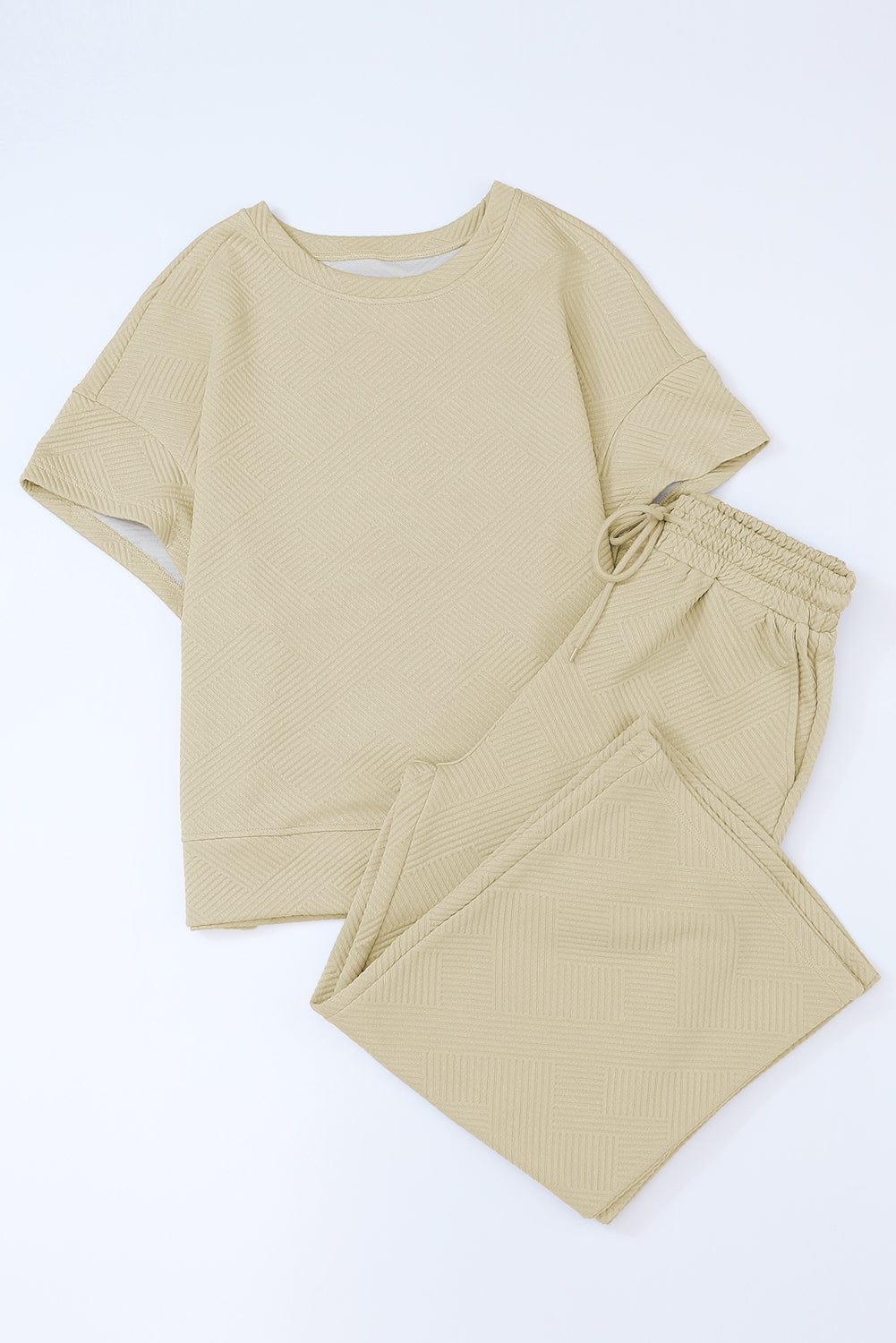 Apricot Ribbed Casual Two-Piece Set with Loose-Fit Tee and Drawstring Pants