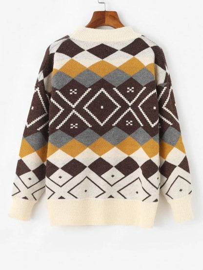 Argyle Drop Shoulder Mock Neck Sweater - LuckyFash™