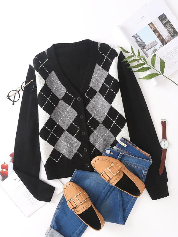 Argyle Graphic Button Up Cardigan for Women