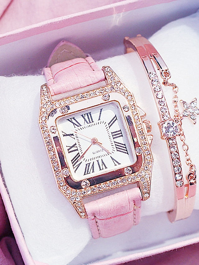 Women's Quartz Watches For Women Analog Diamond Watch Starry Square Dial Bracelet Set Ladies Leather Band Wristwatch