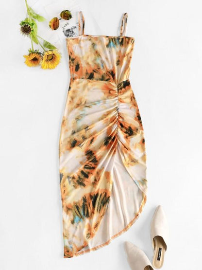 Asymmetric Tie Dye Ruched Bodycon Dress for Women