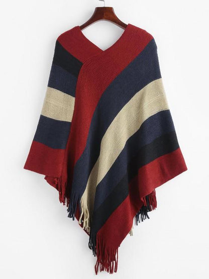 Asymmetrical Striped Colorblock Fringed Poncho Sweater - LuckyFash™