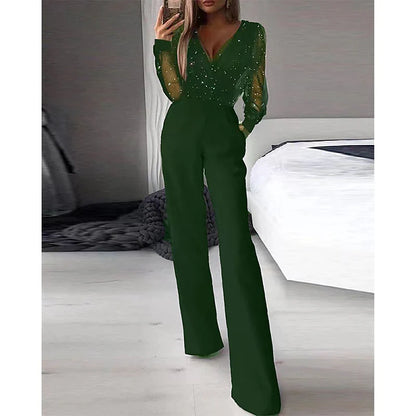 Women‘s Jumpsuit for Special Occasions Mesh Sequin Solid Color V Neck Elegant Party Prom Regular Fit Long Sleeve Black S M L Spring  Fall