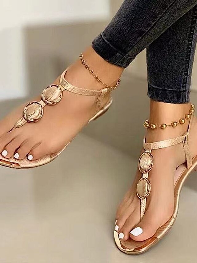 Women's Sandals Boho Bohemia Beach Flat Sandals Barefoot Sandals Daily Beach Summer Buckle Flat Heel Round Toe Open Toe Vintage Classic Casual Faux Leather T-Strap Solid Colored Black White Gold - LuckyFash™