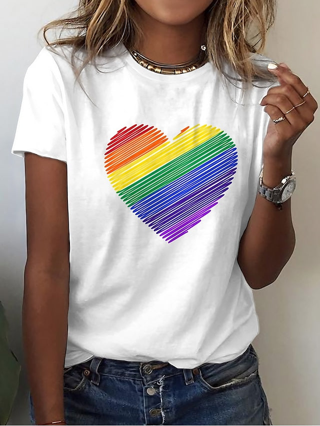 Women's T shirt Tee 100% Cotton Black White Pink Rainbow Heart Print Short Sleeve Casual Valentine Basic Round Neck Regular Cotton Painting S - LuckyFash™