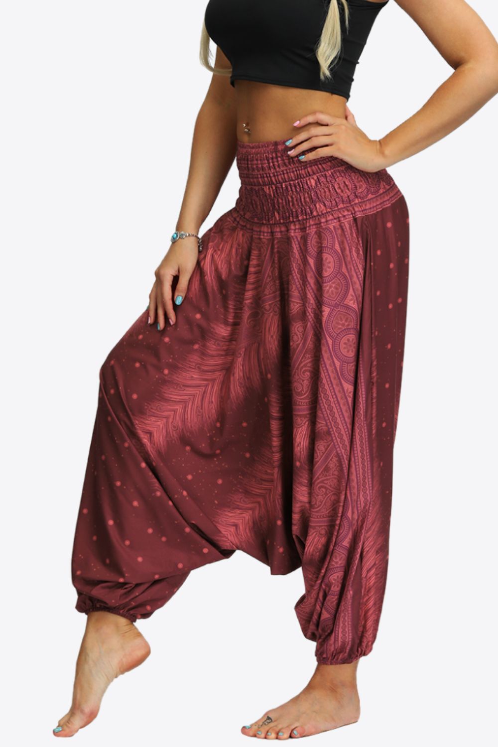 Printed Smocked Waist Harem Pants