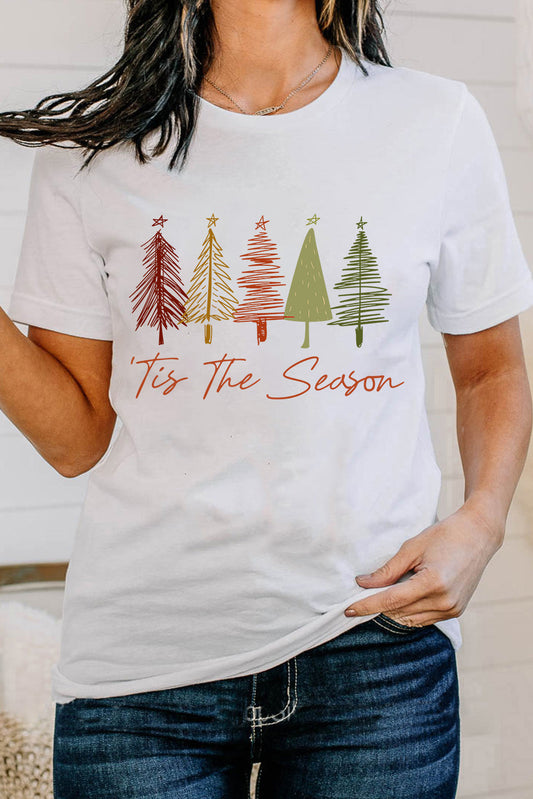 White Cute Christmas Trees Print Crew Neck T Shirt