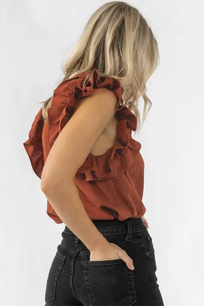 Red Sandalwood Ruffle Trim Sleeveless Blouse