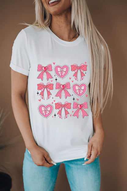 White Sweet Bow Heart Shaped Print Crew Neck Casual Tee