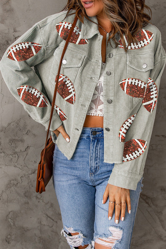 Sky Blue Sequined Rugby Football Patch Ribbed Cotton Jacket