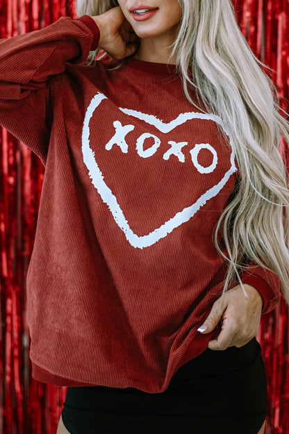 Racing Red XOXO Heart Shape Graphic Corded Sweatshirt