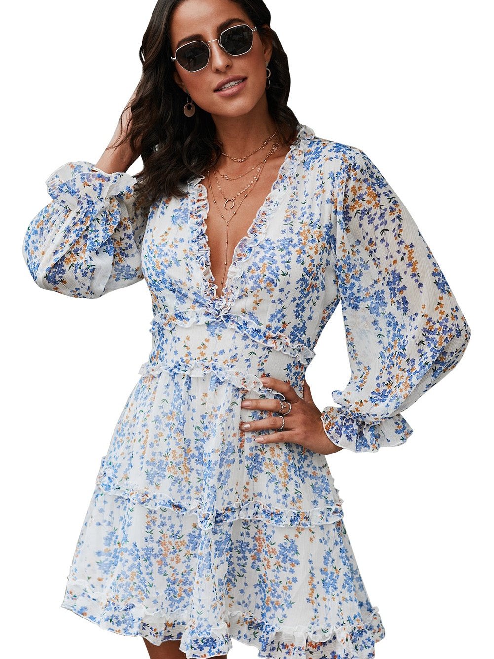 Layered Hem Floral Print Mini Dress