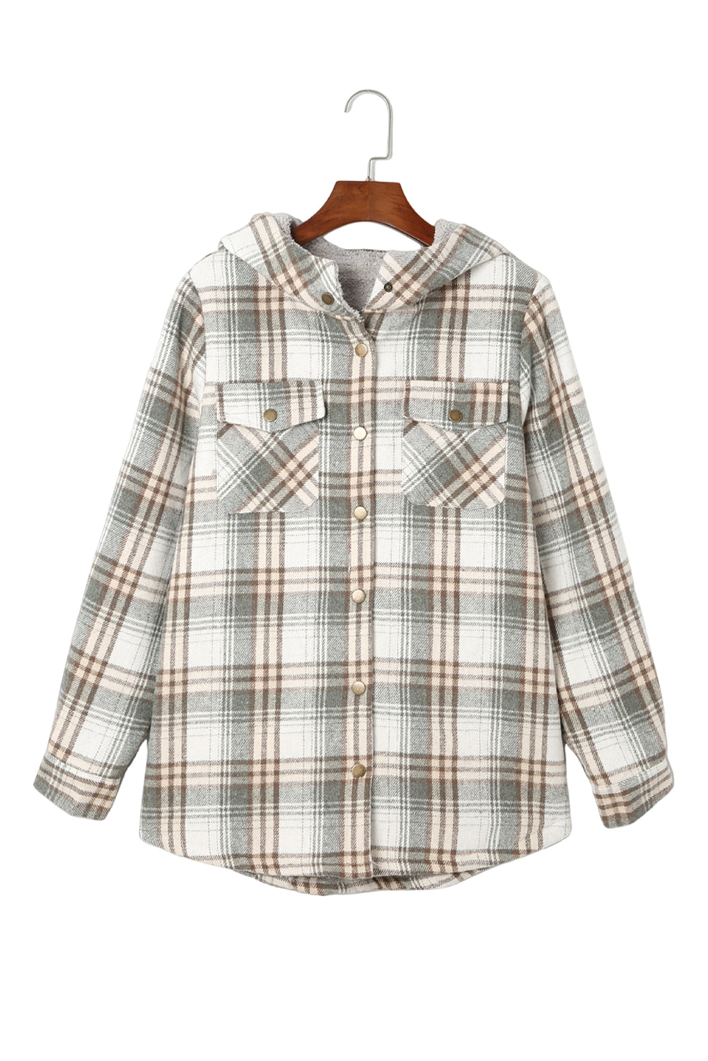 Gray Plaid Pattern Sherpa Lined Hooded Shacket