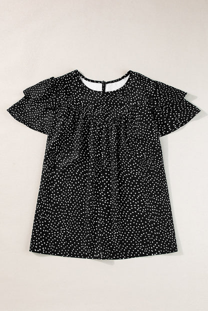 Black Dotted Ruffle Sleeve Crew Neck Ruched Blouse