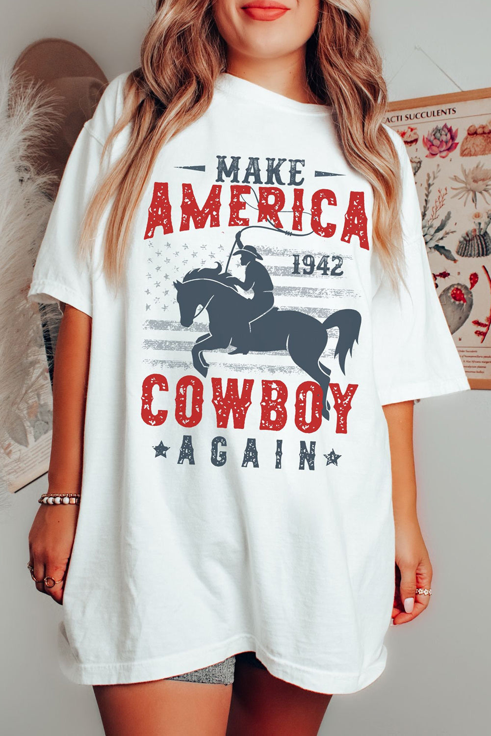 White AMERICA COWBOY Graphic Western Fashion Tunic T Shirt