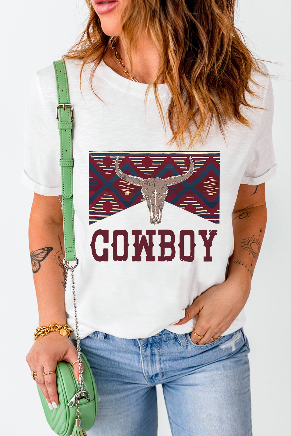 White COWBOY Western Steer Head Print Round Neck T Shirt