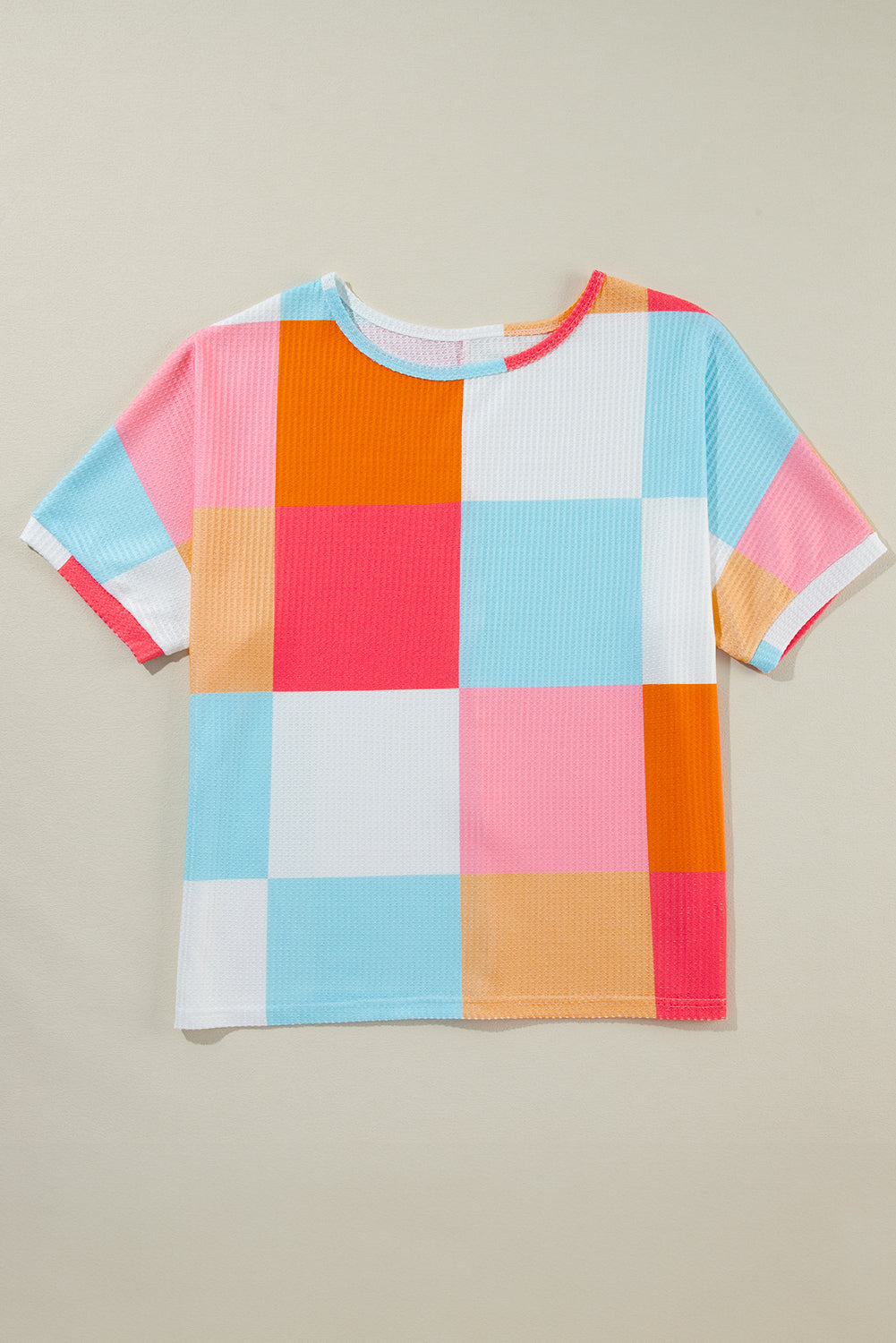 Light Blue Waffle Knit Colorblock Loose T Shirt