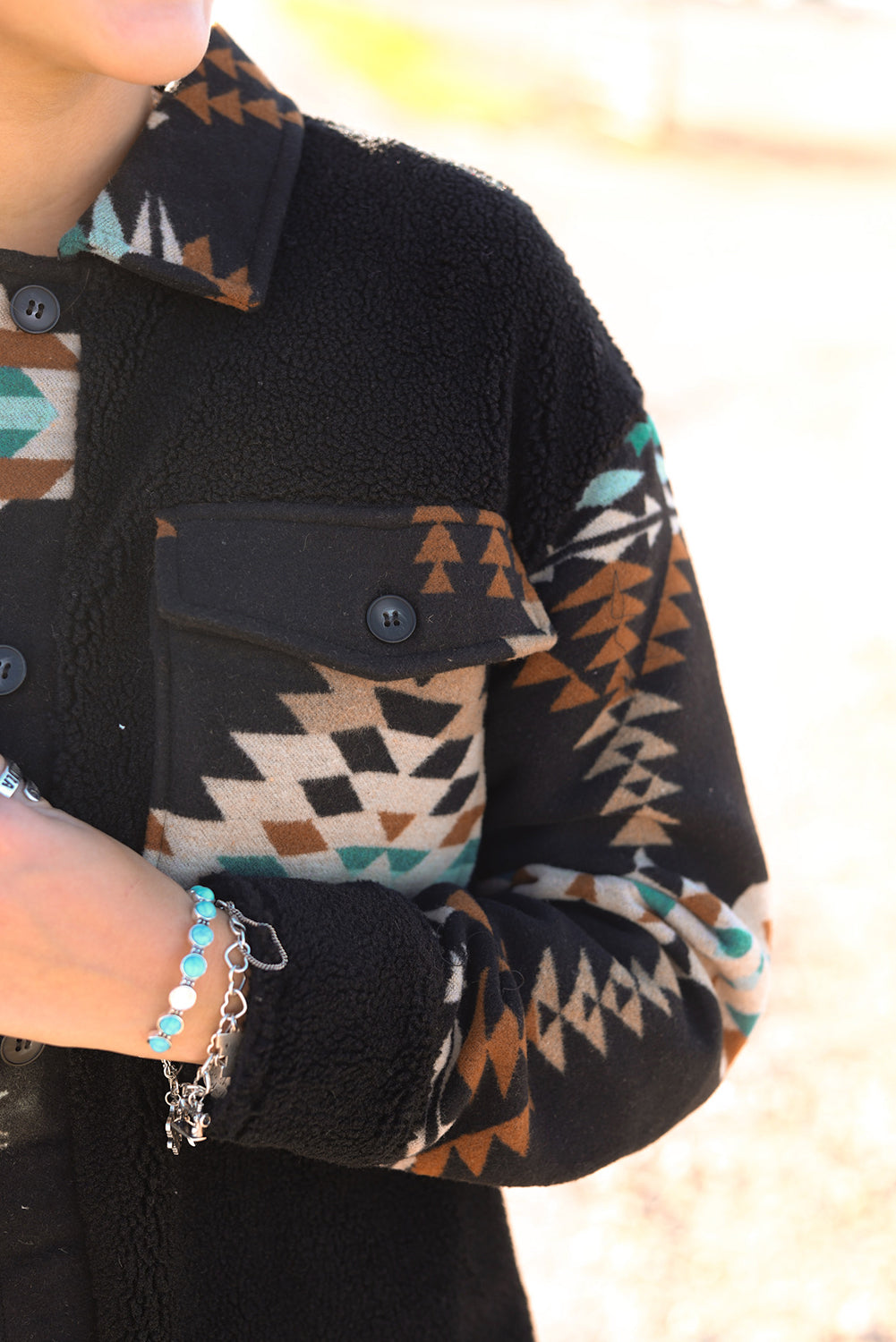 Black Western Aztec Print Accent Fleece Shacket