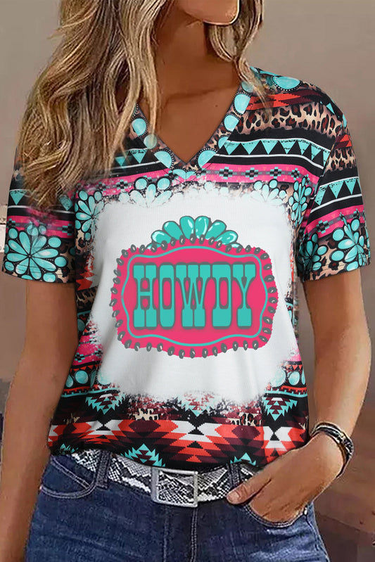 Green Turquoise Aztec HOWDY Graphic V Neck T Shirt