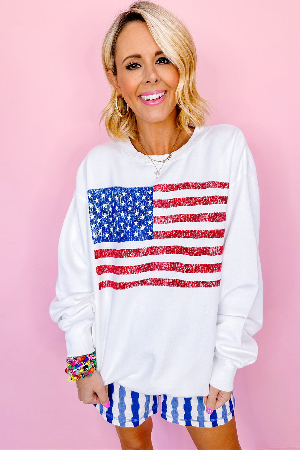 White American Flag Graphic Drop Shoulder Loose Sweatshirt