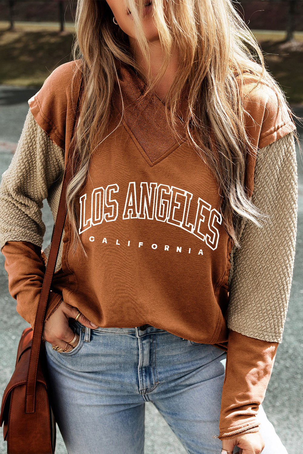 Chestnut LOS ANGELES Colorblock Textured Knit Patchwork Hoodie