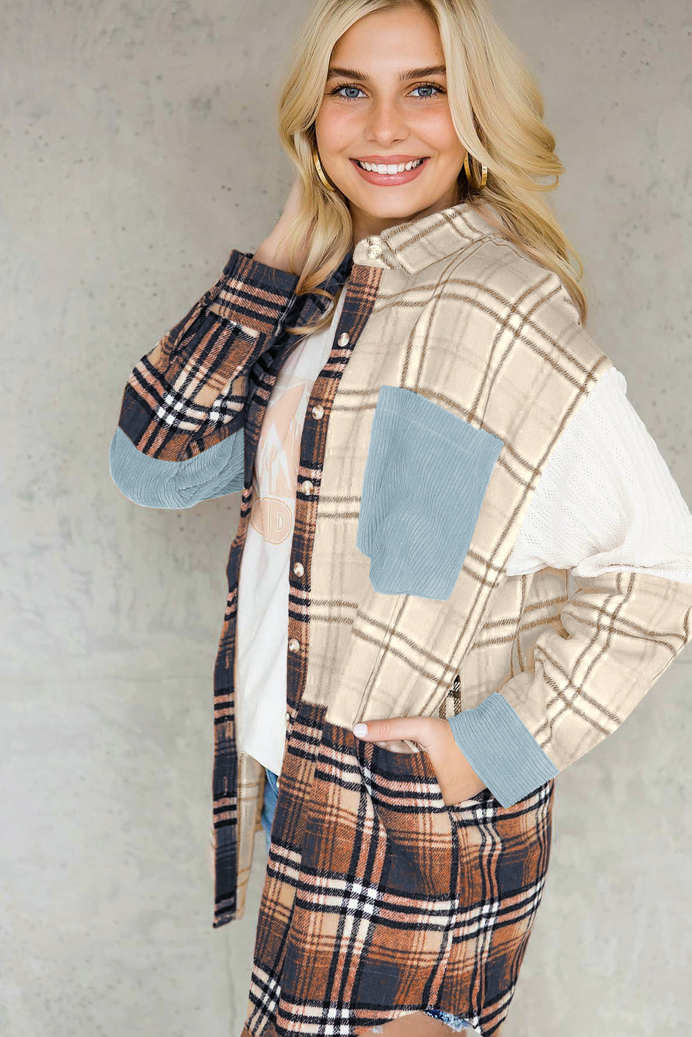 Blue Plaid Color Block Patchwork Shirt Jacket with Pocket